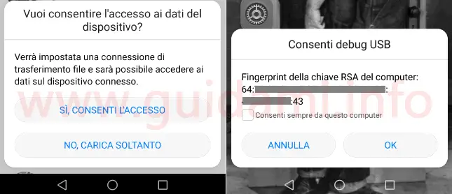 Cellulare Android notifiche consenti accesso ai dati e consenti debug usb