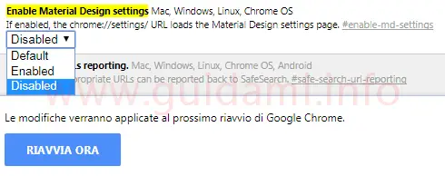 Chrome 59 flag per disattivare nuova grafica material design delle impostazioni