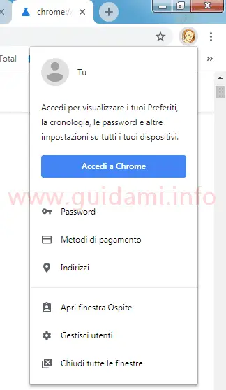 Chrome 69 icona profilo account utente menu opzione Accedi a Chrome