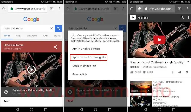 Chrome Android aprire video YouTube in incognito