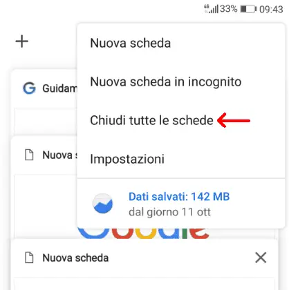 Chrome Android menu con opzione Chiudi tutte le schede
