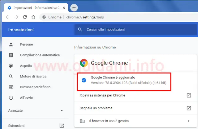 Chrome finestra Informazioni su Chrome per controllare aggiornamenti versione