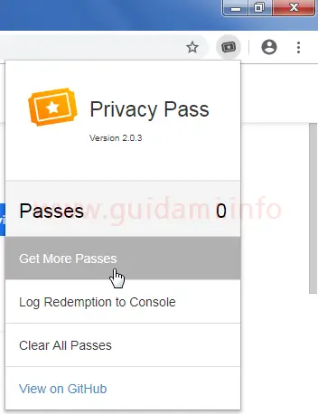 Chrome estensione Privacy Pass menu con opzione Get More Passes