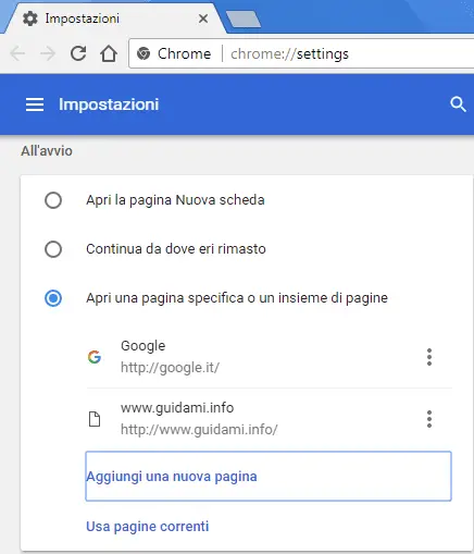Chrome aggiungere più pagine web all'avvio