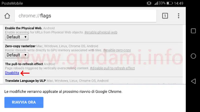 Chrome disattivare funzione sperimentale gesto aggiornamento pagina web