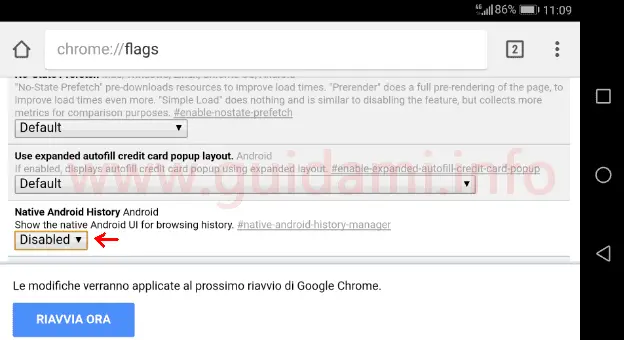 Chrome disattivare funzione sperimentale gesto avanti indietro pagina internet
