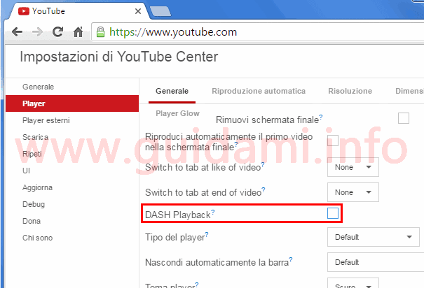 Chrome e Opera opzione DASH Playback estensione YouTube Center