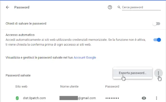 Chrome pagina impostazioni con opzione esporta password