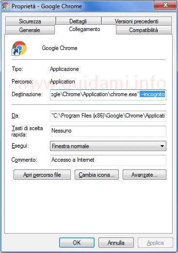 Chrome finestra Proprietà scheda Collegamento