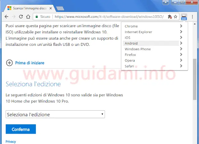 Chrome forzare download ISO Windows 10 da sito Microsoft con estensione user agent