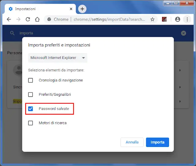 Chrome impostazioni con opzione importa password