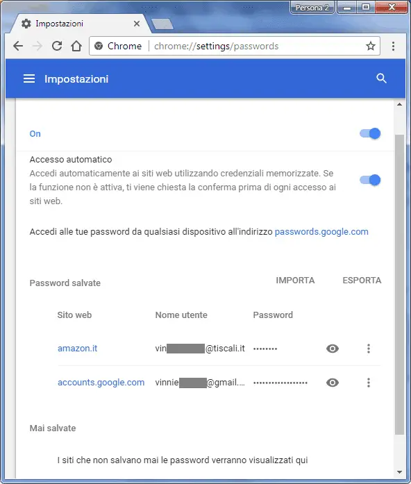 Chrome impostazioni esportazione importazione password