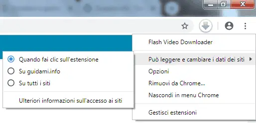 Chrome menu contestuale del pulsante estensione nella barra delle estensioni