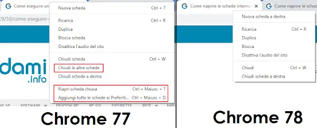 Chrome menu contestuale delle schede a confronto nella versione Chrome 77 e 78