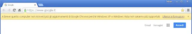Chrome notifica A breve questo computer non riceverà più gli aggiornamenti