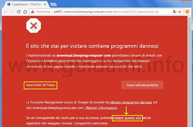 Chrome notifica Il sito che stai per visitare contiene programmi dannosi