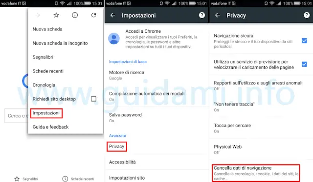 Chrome per Android cancellare dati di navigazione