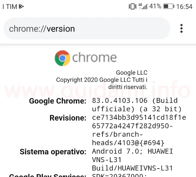 Chrome per Android pagina chrome version con architettura browser