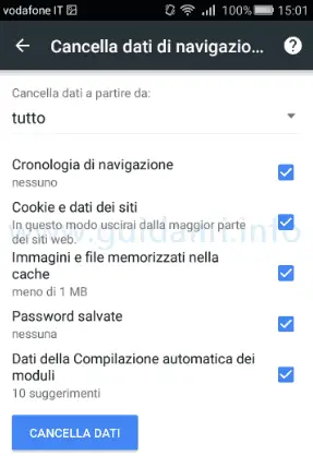 Chrome per Android selezionare dati di navigazione da eliminare