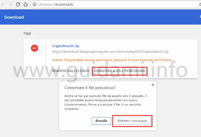 Chrome scheda Download scaricare file bloccato perché pericoloso