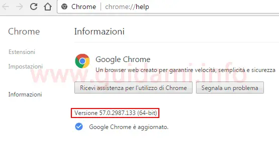 Chrome scheda informazioni versione installata