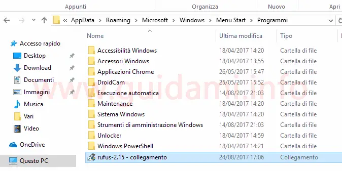 Collegamento programma aggiunto alla cartella programmi del menu Start di Windows
