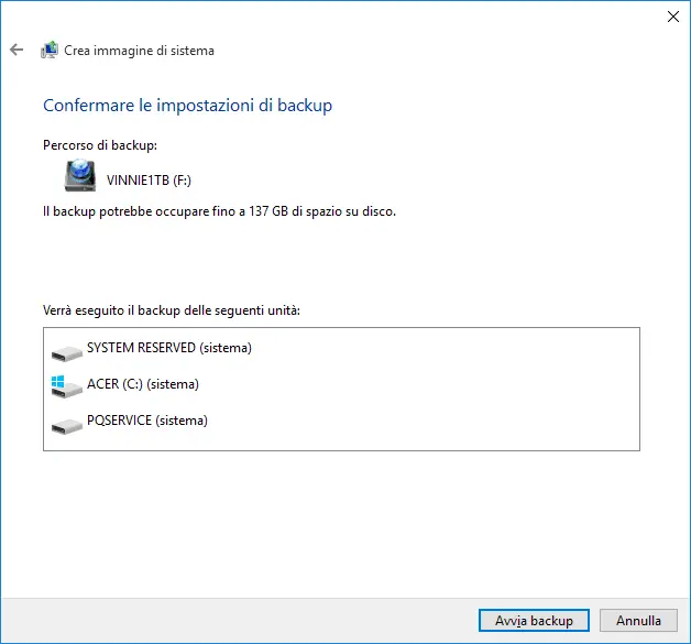 Confermare impostazioni di backup Windows 10