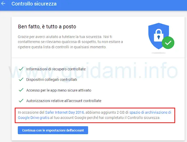 Controllo sicurezza account Google in regalo 2 GB Drive