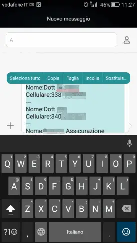 Copiare contatti condivisi da testo SMS Android