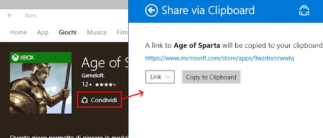 Copiare link app Store Windows 10 con Share via Clipboard