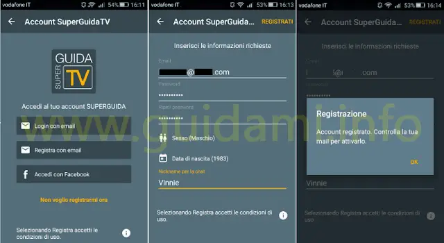 Creare account app Super Guida TV Android iPhone