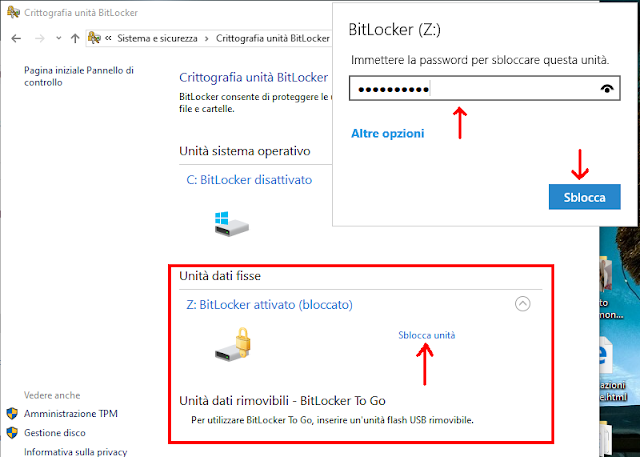 Crittografia unità BitLocker sbloccare e accedere con password a volume crittografato