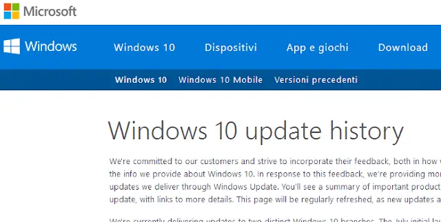 Cronologia degli aggiornamenti di Windows 10