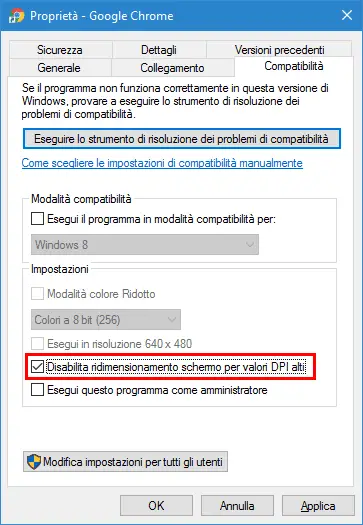 Disabilita valori DPI alti in Windows 10