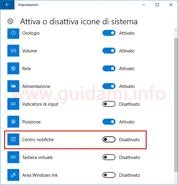 Disattivare icona Centro notifiche Windows 10