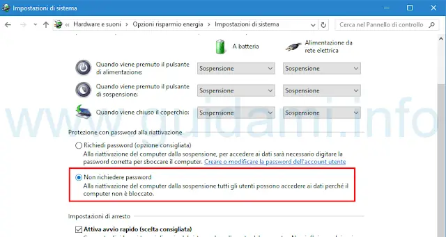 Disattivare richiesta password riattivazione Windows
