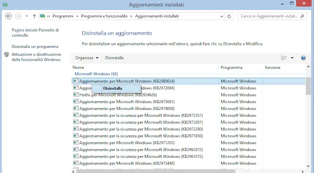 Disinstallare aggiornamenti Windows da Programmi e funzionalità