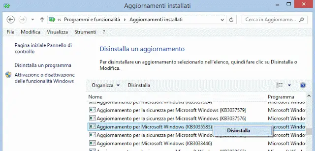 Disinstallare aggiornamento Windows Update