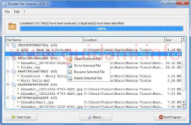 Double File Scanner risultati scansione file doppi trovati