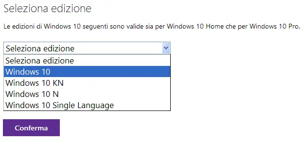 Download ISO Windows 10 seleziona edizione