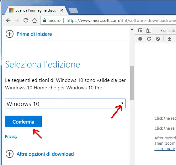 Download ISO Windows 10 sezione Seleziona edizione