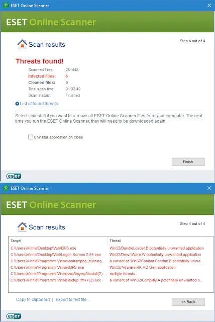 ESET Online Scanner risultati scansione