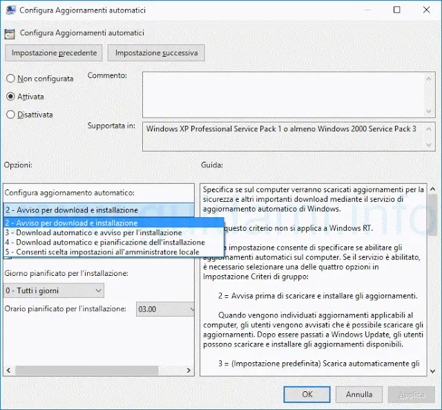 Editor Criteri di gruppo locali Configura aggiornamenti automatici Windows 10