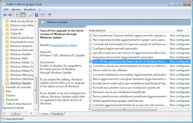 Editor Criteri di gruppo locali impostazione per disattivare aggiornamento a Windows 10