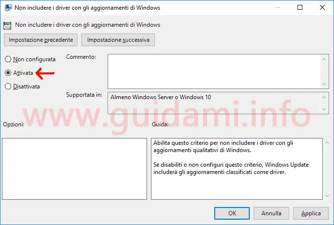 Editor Criteri gruppo locali criterio Non includere driver in Windows Update