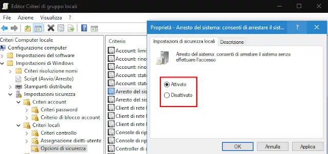 Editor Criteri locali mostrare nascondere pulsante spegnimento schermata accesso Windows