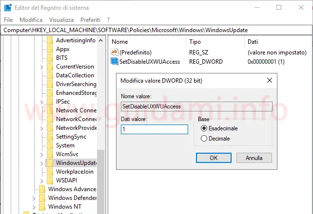 Editor Registro di sistema Windows 10 valore per disattivare pulsante Verifica disponibilità aggiornamenti