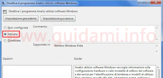 Editor criteri di gruppo disattivare programma analisi utilizzo software Windows