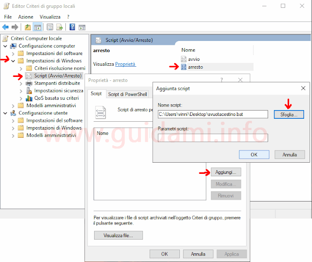 Editor criteri di gruppo locali Windows 10 percorso per selezionare uno script all'arresto del PC