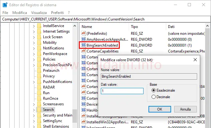 Editor del Registro di sistema Windows 10 valore BingSearchEnabled